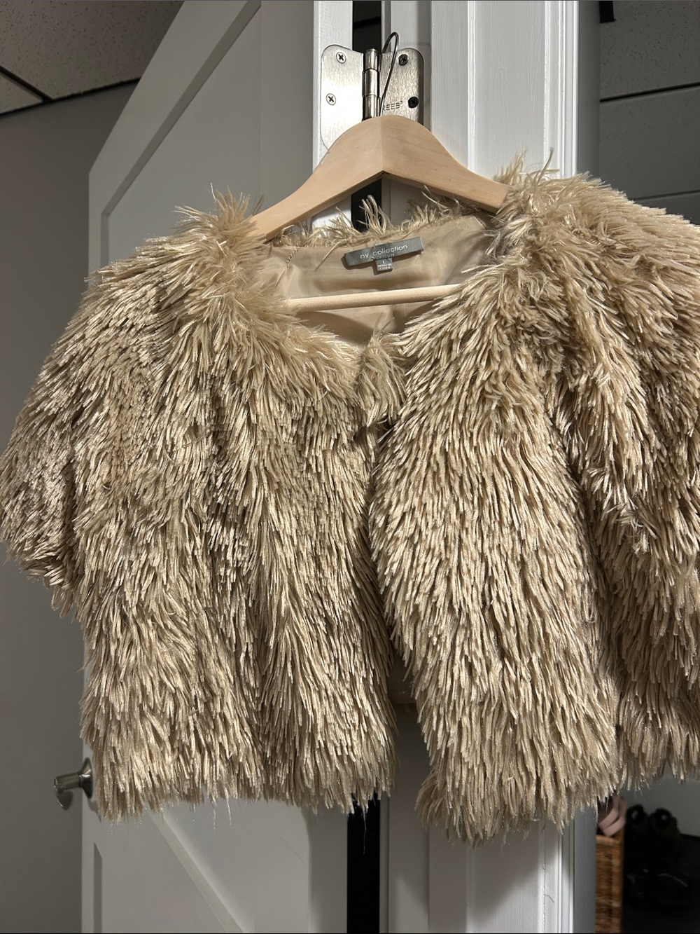 NY Collection Faux Fur Shaggy Cropped Bolero - Beige